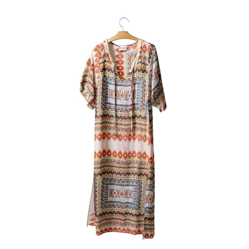 Romeo & Juliet Couture Sheer Geometric Kaftan Maxi Dress, Size M, Beach Cover Up